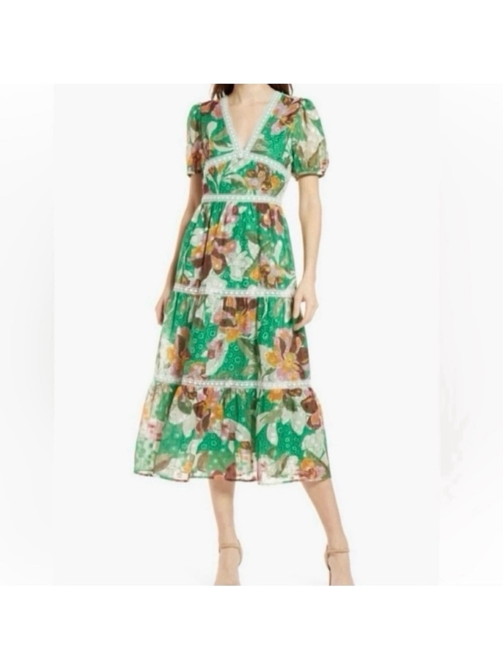 Adelyn Rae Lian Jacquard green tiered lace trim cottagecore princess midi dress